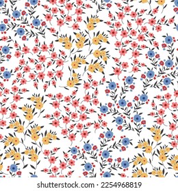 todo sobre flores pequeñas multicolor sin fisuras de vectores florales multicolores con patrón de hojas blanco
