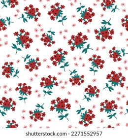 all over seamless floral vector red and pink small flowers leaves pattern of white
