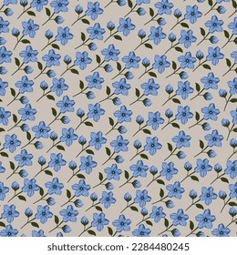 all over seamless floral vector blue small flowers leaves pattern on cream background