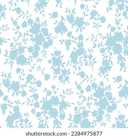 all over seamless floral vector blue small flowers leaves pattern of white