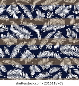 all over seamless floral vector white and cream leaf pattern on navy and brown stripe background