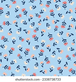 all over seamless floral vector multi color small flowers leaves pattern on blue background