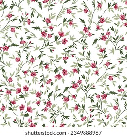 all over seamless floral vector pink small flowers with green leaves pattern of white