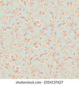 all over seamless floral vector cream small flowers leaves pattern on green background