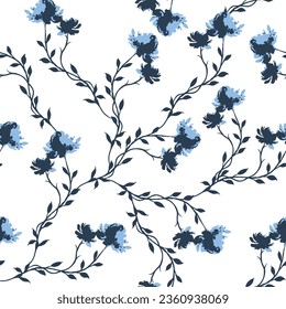 all over seamless floral vector blue flowers leaves pattern of white