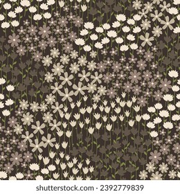 all over seamless floral vector cream small flowers leaves pattern on brown background