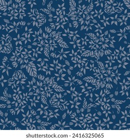 all over seamless floral vector grey small flowers leaves pattern on blue background