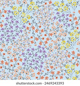 all over seamless floral vector multi color small flowers with grey leaves pattern on blue background