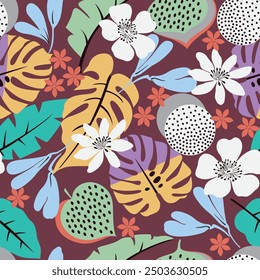 all over seamless floral vector multi color leaf pattern on maroon background