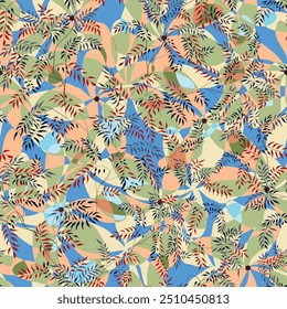 Todo el patrón de hojas multicolor de Vector floral sin costuras sobre fondo azul
