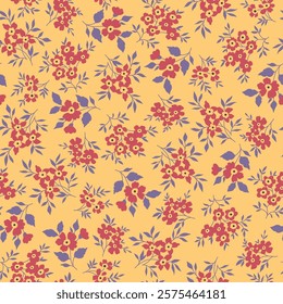 all over seamless floral vector red small flowers with leaves pattern on yellow background