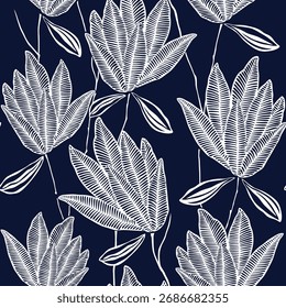 Todo el patrón de hojas de Vector floral sin fisuras sobre fondo azul marino