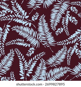 all over seamless floral vector blue leaf pattern on maroon background