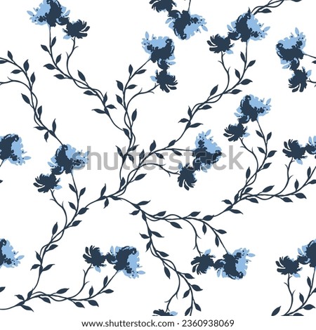 all over seamless floral vector blue flowers leaves pattern of white