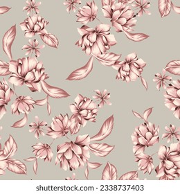 all over seamless pink vector stock flowers leaves pattern on cream background