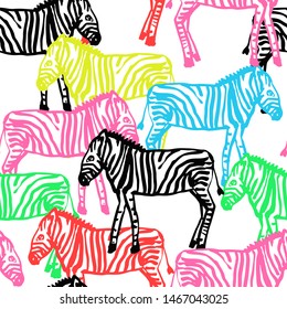 All over seamless repeat pattern with colorful and black and white baby zebras overlapping