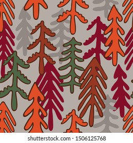 All over seamless repeat pattern with doodle autumnal tree silhouettes and shadows - fall harvest forest fir and pine trees on a natural background 