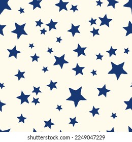 All over seamless repeat pattern with dark navy blue stars with grunge edges tossed on cream. Versatile trendy modern background