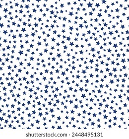 All over seamless repeat pattern with ditsy tiny little dark navy blue stars on white. Versatile trendy ditsy background for boys, kids, Americana, Christmas and more.