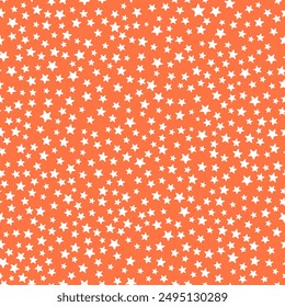 Por todo el patrón de repetición sin fisuras con ditsy pequeñas estrellas blancas en naranja brillante. Versátil fondo de moda ditsy para Halloween, cosecha, Acción de Gracias, niños, niños y más.