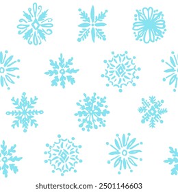 All over seamless repeat pattern with hand drawn ornate blue snowflakes as a grid on white background