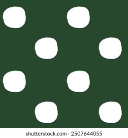All over seamless repeat pattern with white polka dots with grunge edges half drop on deep forest green. Simple versatile background for Christmas and everyday wrap, packaging, fabric, wallpaper.