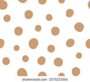 All over seamless repeat pattern with tossed soft tan brown dot on white background. Versatile trendy modern background with tossed dots in mocha mousse latte brown.