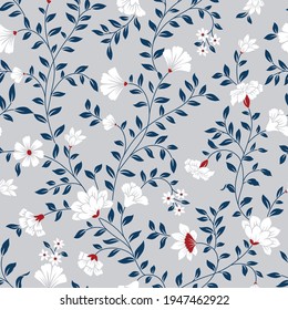 all over seamless small white vector flowers with navy leaves pattern on grey background