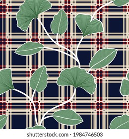 alles auf nahtlosem Stock, Vektorgrünblumen mit Blattmuster auf Marine- und Creme-Checks-Hintergrund