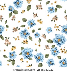 all over seamless vector blue yellow and mustered stock flowers leaves pattern of white