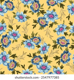 all over seamless vector blue stock flowers with green leaves pattern on yellow background