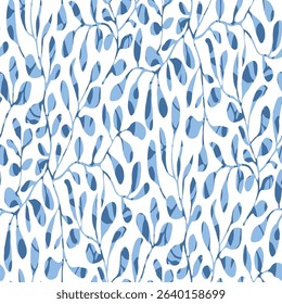 all over seamless vector blue leaves pattern of white