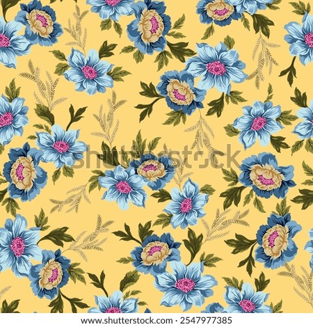 all over seamless vector blue stock flowers with green leaves pattern on yellow background