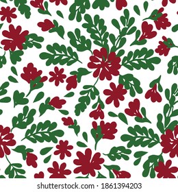 All over seamless vector botanical floral repeat pattern with tossed red and green Christmas  flowers  with branches, leaves and twigs