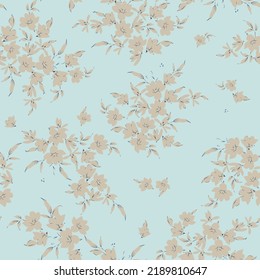 all over seamless vector cream small flowers leaves pattern on green background