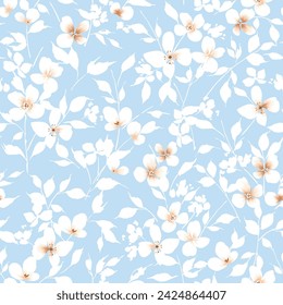 all over seamless vector cream stock flowers leaves pattern on blue background