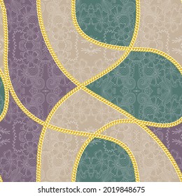 all over seamless vector gold chain with halftone paisley pattern on green cream and grey background