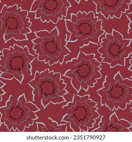 all over seamless vector grey and black flowers pattern on red background