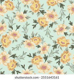 all over seamless vector mustered stock flowers with leaves pattern on green background