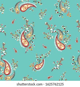 all over seamless vector paisley pattern on blue background