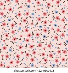 all over seamless vector pink and blue small flowers with leaves pattern on background