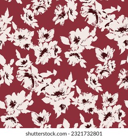 all over seamless vector pink texture flowers leaves pattern on red background