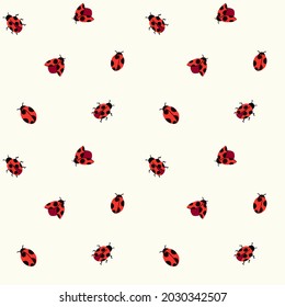 All over seamless vector repeat pattern with tossed red ladybugs on ivory cream backround. Sophisticated feel with breathing space