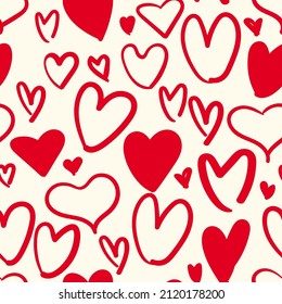 All over seamless vector repeat pattern with irregular doodle red hearts on a cream ivory background. Versatile Valentines day love backdrop