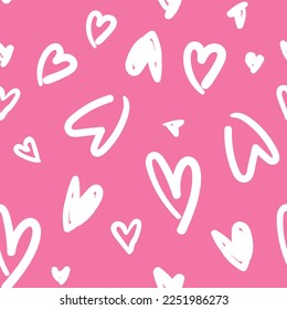 All over seamless vector repeat pattern with irregular doodle white sketched hearts on a hot pink background. Versatile Valentines day love backdrop Stock Vector