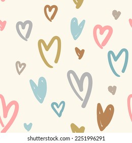 All over seamless vector repeat pattern with irregular doodle earthy sketched hearts on ivory cream. Versatile modern Valentines day backdrop