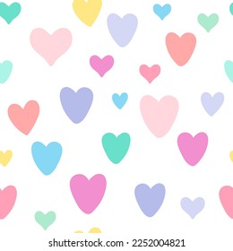 All over seamless vector repeat pattern with cute doodle pastel rainbow hearts on white. Girls, baby, Valentines day backdrop