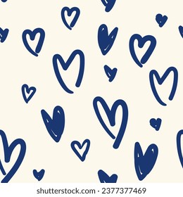 All over seamless vector repeat pattern with hand drawn sketched navy blue doodle hearts on ivory background. Simple cute Valentines day backdrop in modern colors.