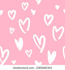 All over seamless vector repeat pattern with hand drawn sketched white doodle hearts on pink background. Simple cute Valentines day backdrop in modern colors.