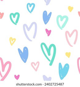 All over seamless vector repeat pattern with cute sketched pastel rainbow hearts on white. Girls, baby, Valentines day backdrop